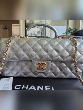 Chanel 26A Metallic Silver Quilted Top-Handle Shoulder Bag GHW